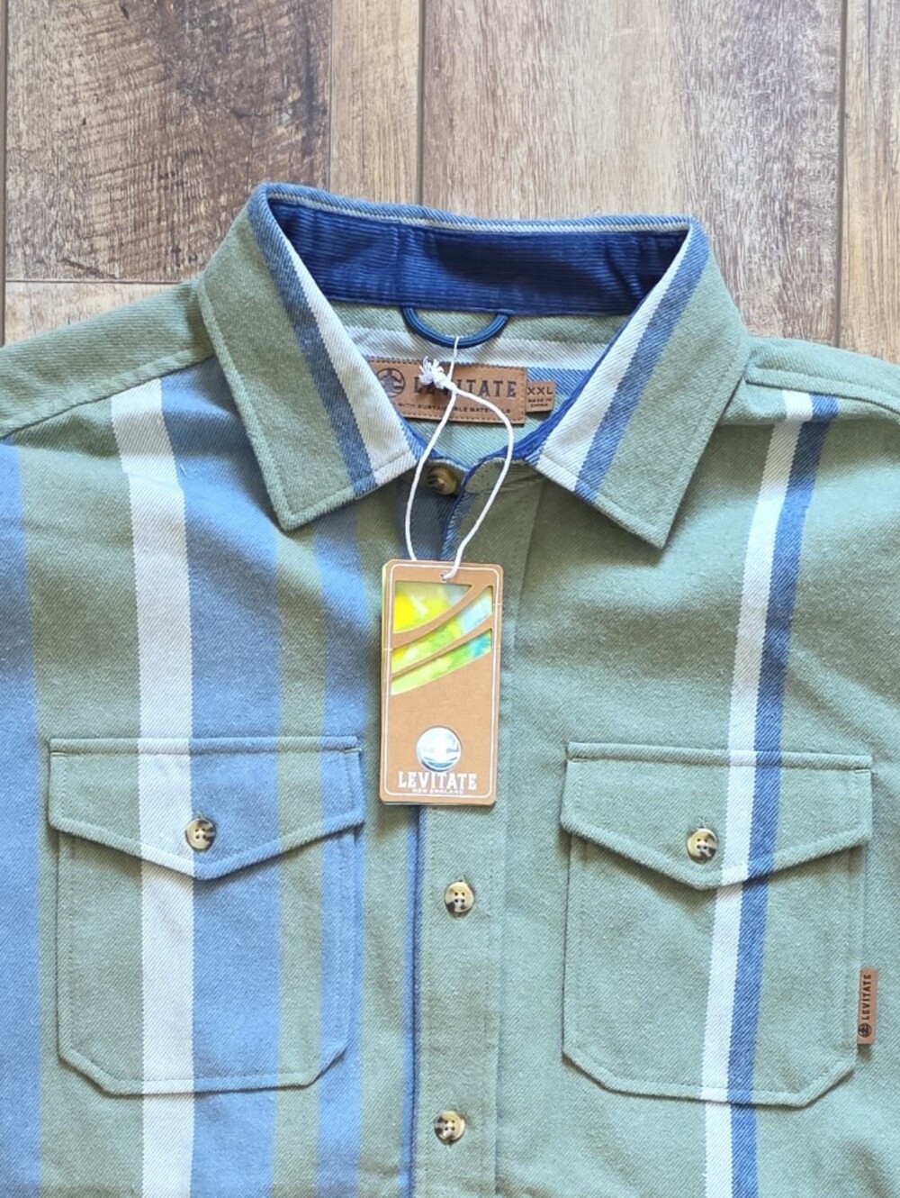 Levitate - Men's Original Flannel Shirt - Slim-Fitting XXL - Sage Blue Stripe